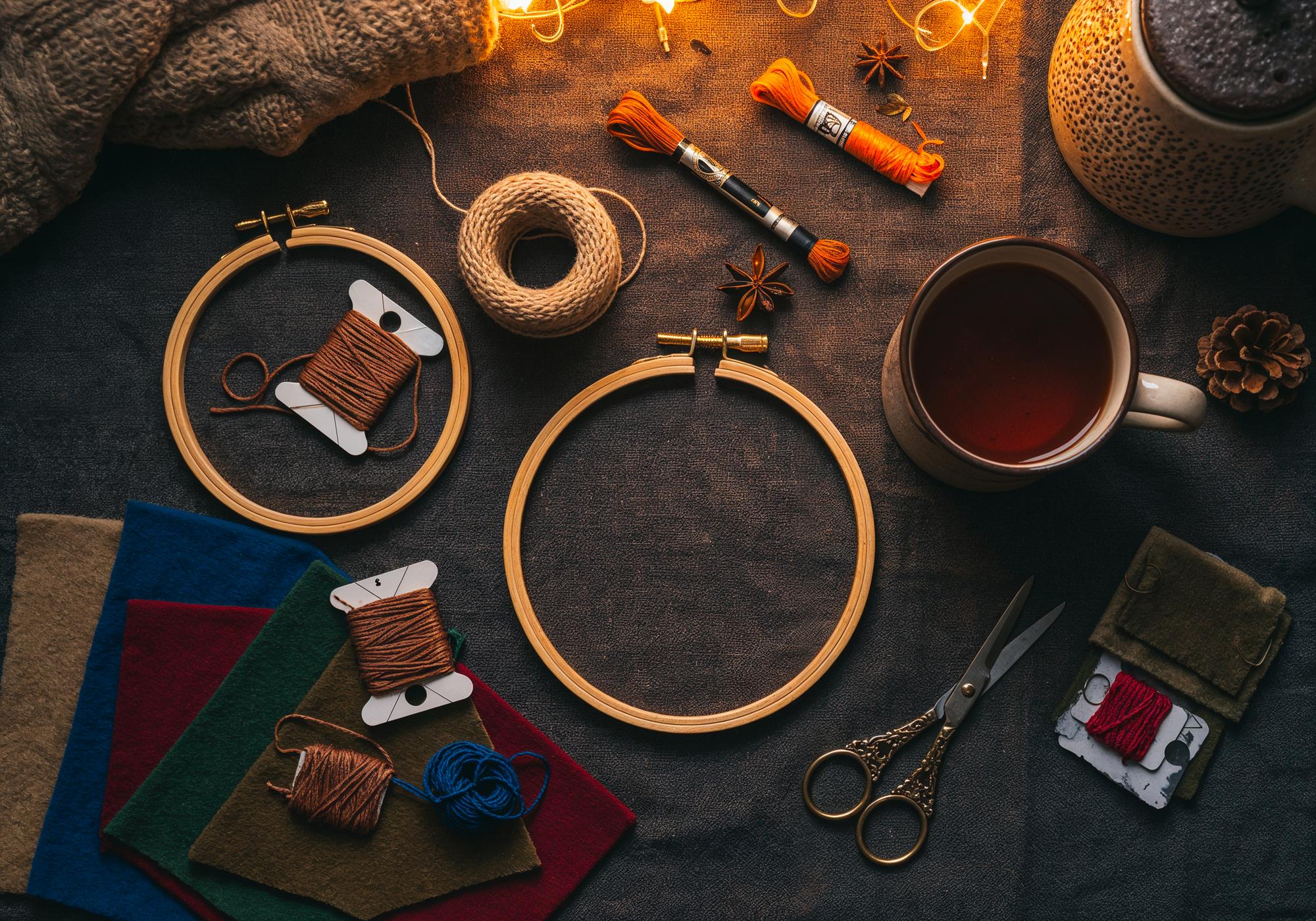Atelier mit Stickrahmen und Garnrollen